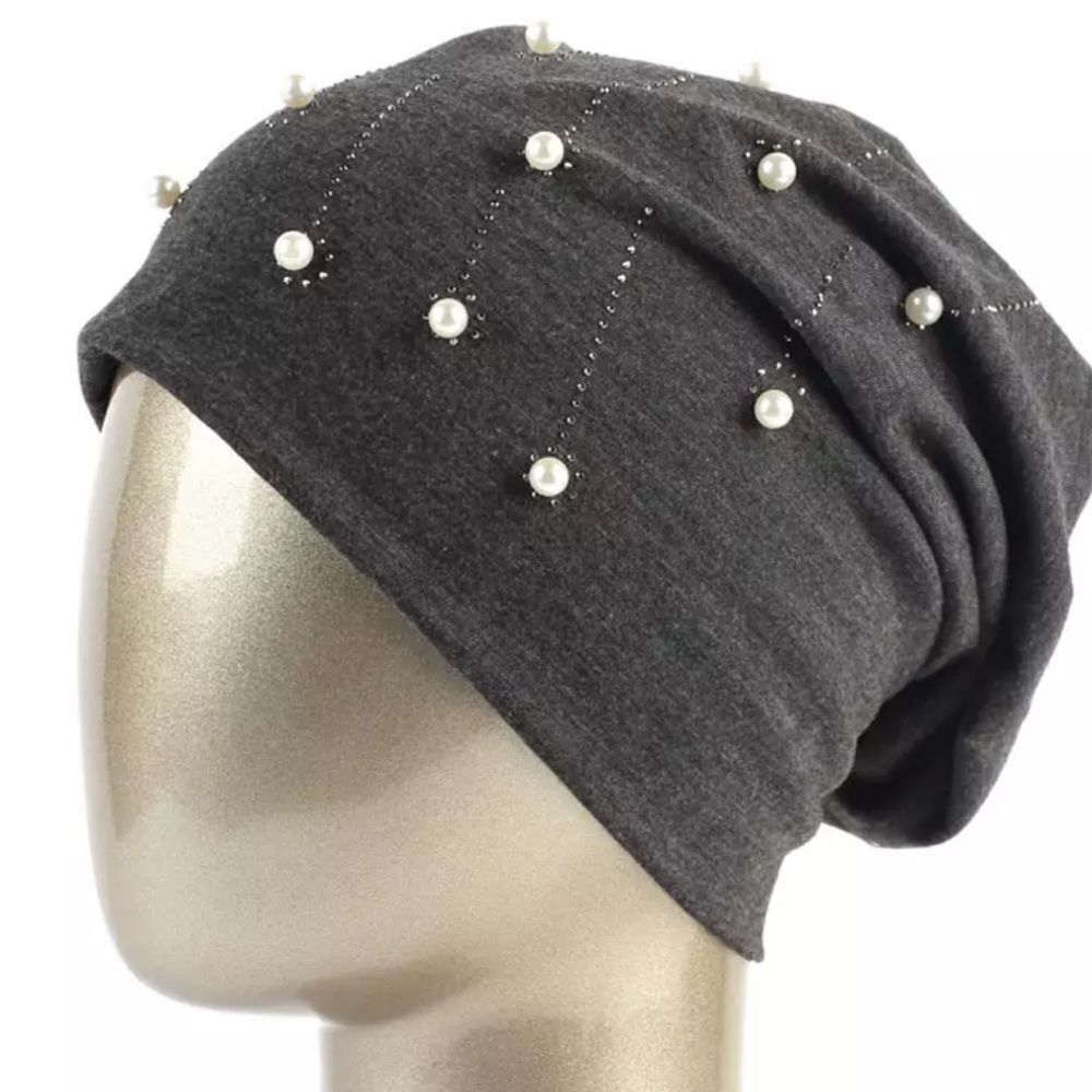 Charcoal Gray Jersey Beanie with Rhinestone and Pearl Accents - NWT
